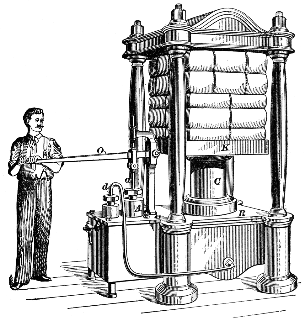 早期液压出版社的图。向杠杆施加力，将其推下圆柱体A中的一只小活塞。这会从圆柱体中的大活塞中产生较大的力。