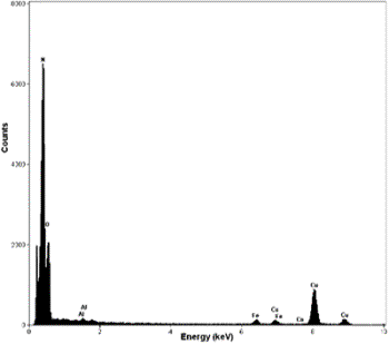 AZojomo -“AZo Journal of Mater欧洲杯足球竞彩ials Online”的x射线组成光谱，从纳米管区域获得，如图1所示。光谱显示出氧、铜、铁和氮的存在。铁的存在与钢球和钢壁容器的污染有关。